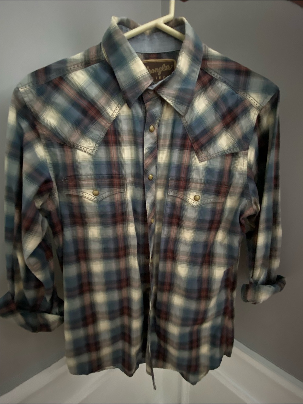 Wrangler Retro Plaid Snap Western Shirt in Blue, Burgundy & Cream